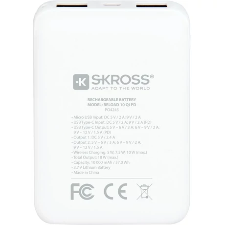 SKROSS Reload10 10Ah power bank USB/ wireless töltéssel